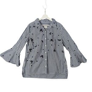Charter Club Embroidered Relaxed Fit Striped‎ Bell Sleeve Blouse Womens Size 16